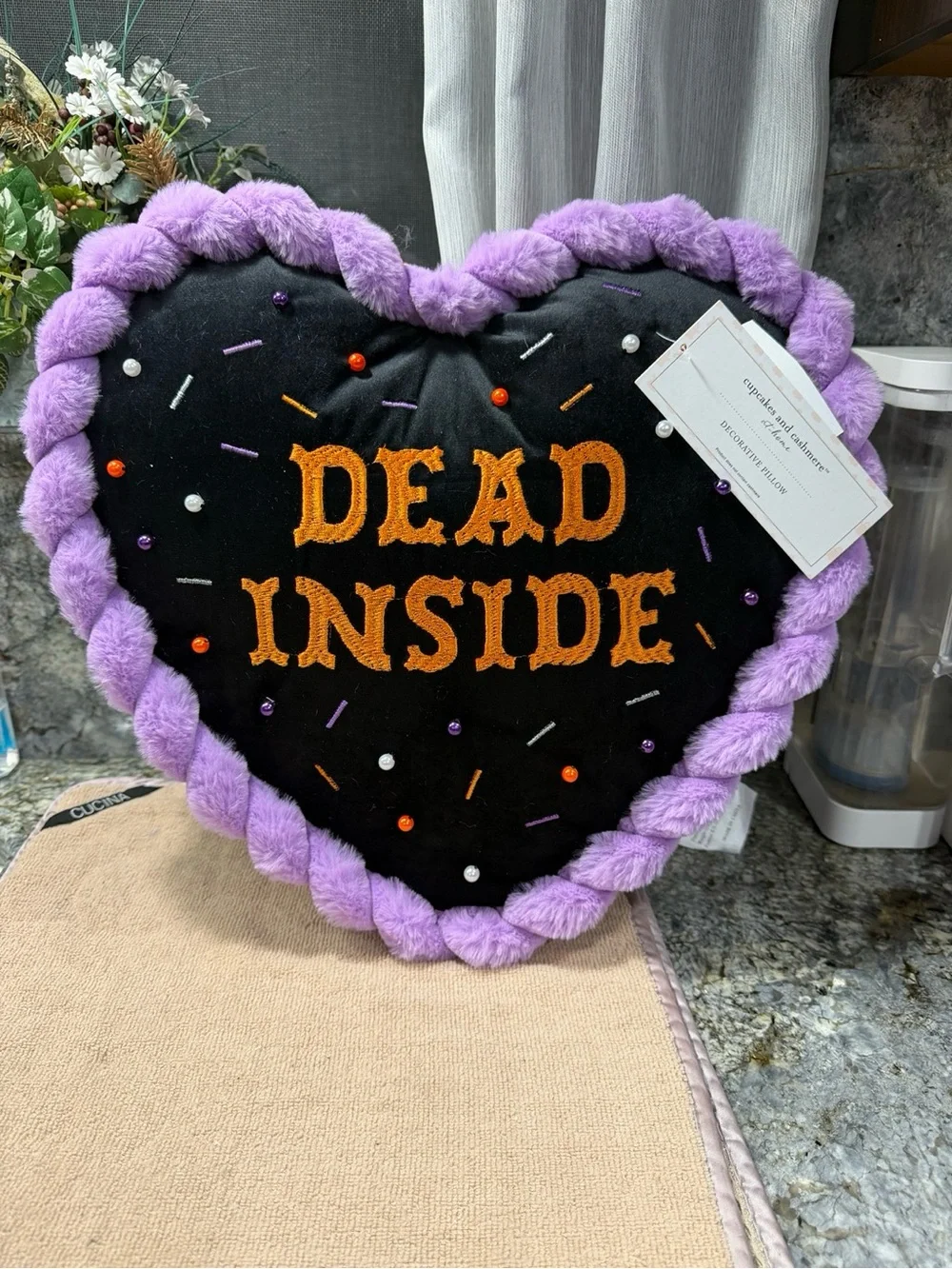 NWT Cupcakes & Cashmere Dead Inside Halloween Heart Throw Pillow 15”